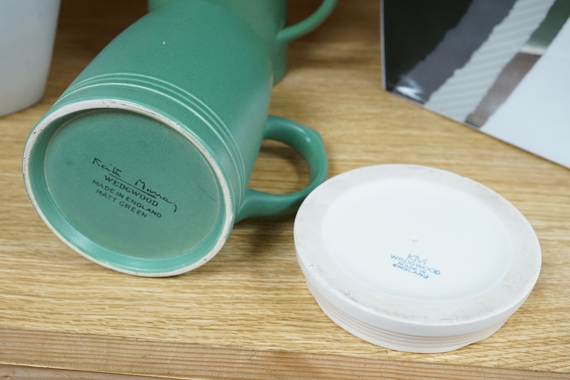 A collection of Rosenthal and Wedgwood pottery to include a pair of Keith Murray mugs, abstract vases and an ash tray, largest 25cm high